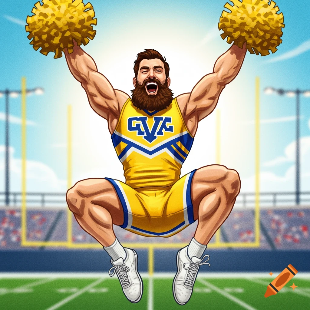 An illustration of a muscular, bearded man in a yellow and blue cheerleader uniform jumping with pom-poms on a football field.