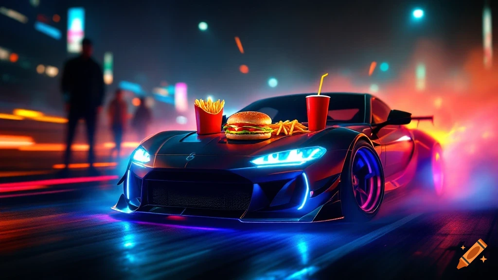 A sleek, neon-lit car with a burger, fries, and drink on its hood, in a blurry night street race scene.