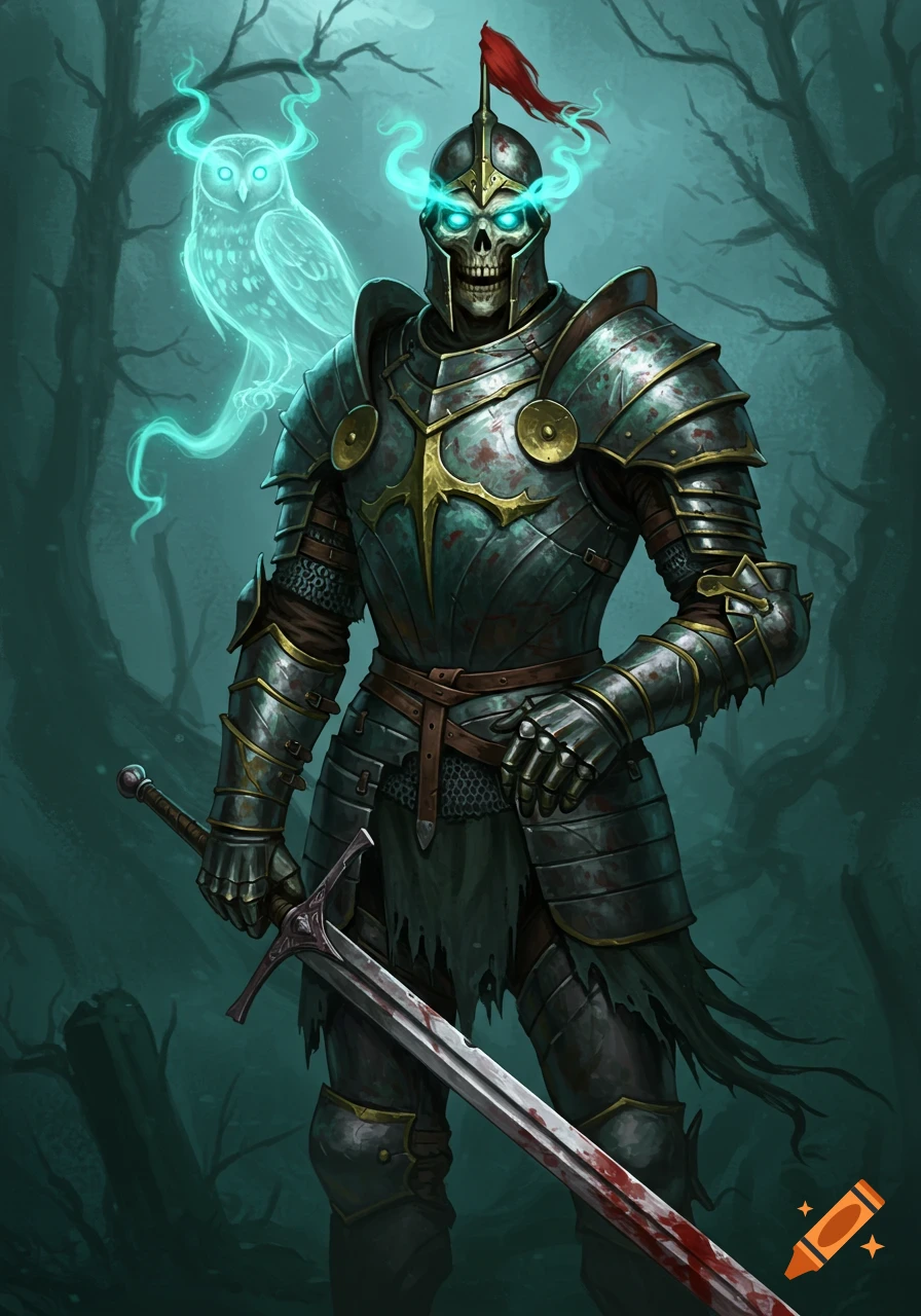 An undead skeleton knight in armor holds a bloodied sword next to a glowing ghostly owl in a dark forest.