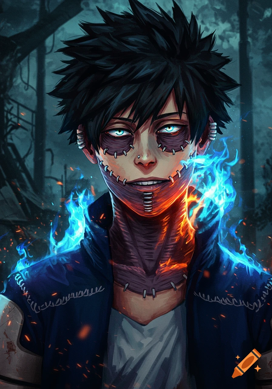 Illustration of Dabi from My Hero Academia, with burns, stitches, and blue flames, against a dark background.