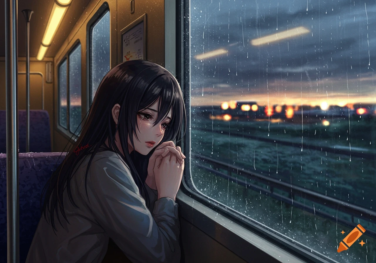 Anime girl on a train looking out a rainy window, hands clasped, appears sad.