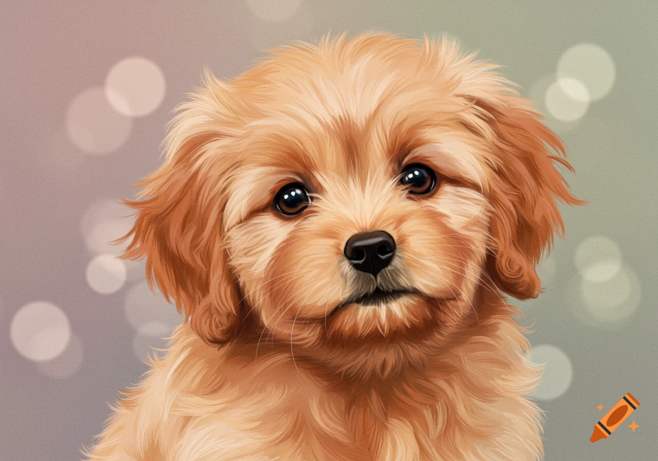 Close-up illustration of an adorable puppy's face with bokeh background.