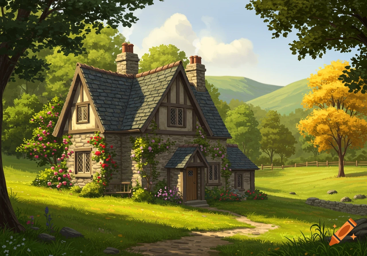 An illustrative painting of a quaint stone cottage covered in vines and flowers in a sunny green landscape.