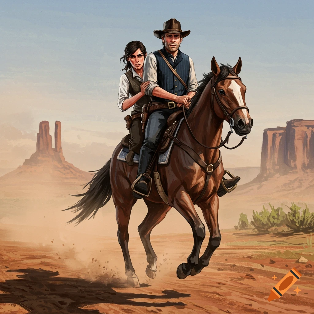 Illustrated image of a man and woman riding a horse through a desert landscape.