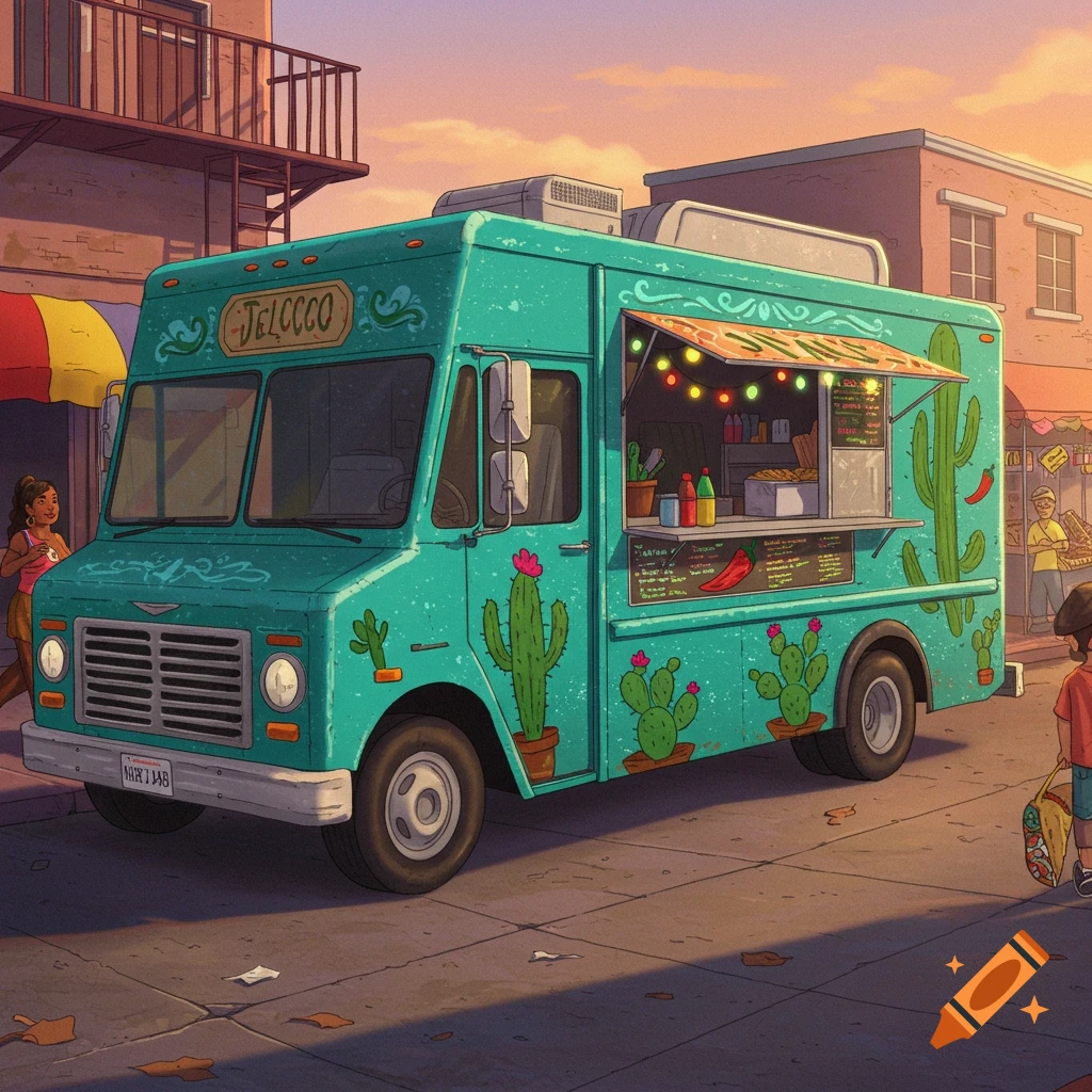 A cartoonish teal taco truck decorated with cacti is parked on a street at sunset.