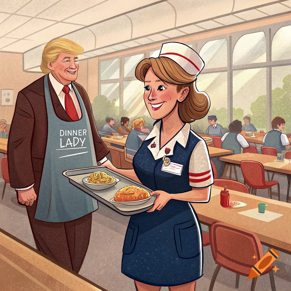 Cartoon of Donald Trump wearing a Dinner Lady apron next to a woman holding food in a cafeteria.