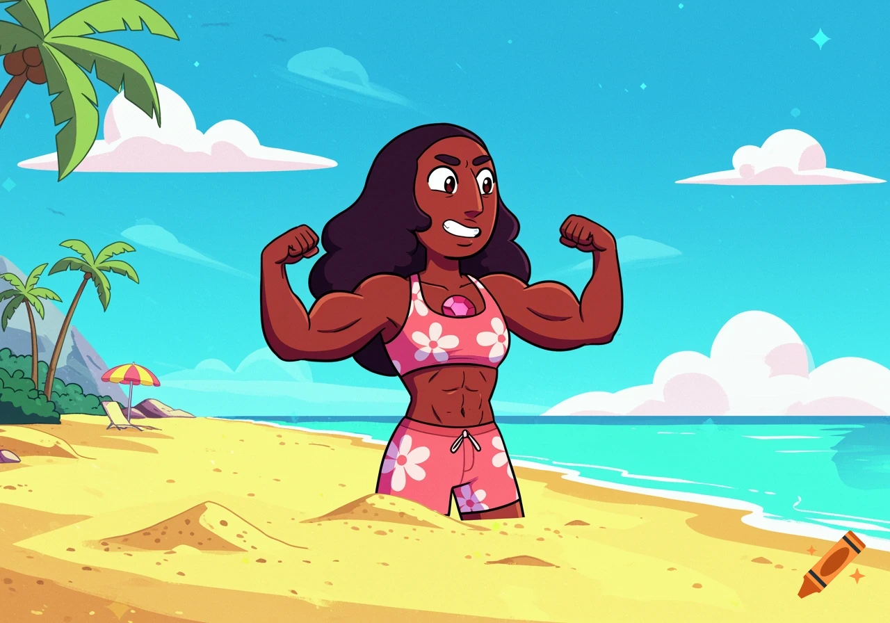 Cartoon of Connie from Steven Universe flexing her muscles on a sunny beach.