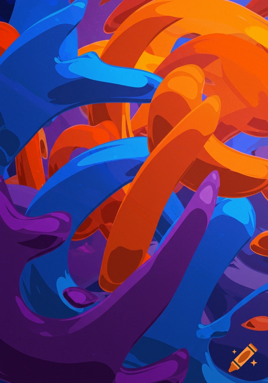 Abstract swirling shapes in blue, orange, and purple