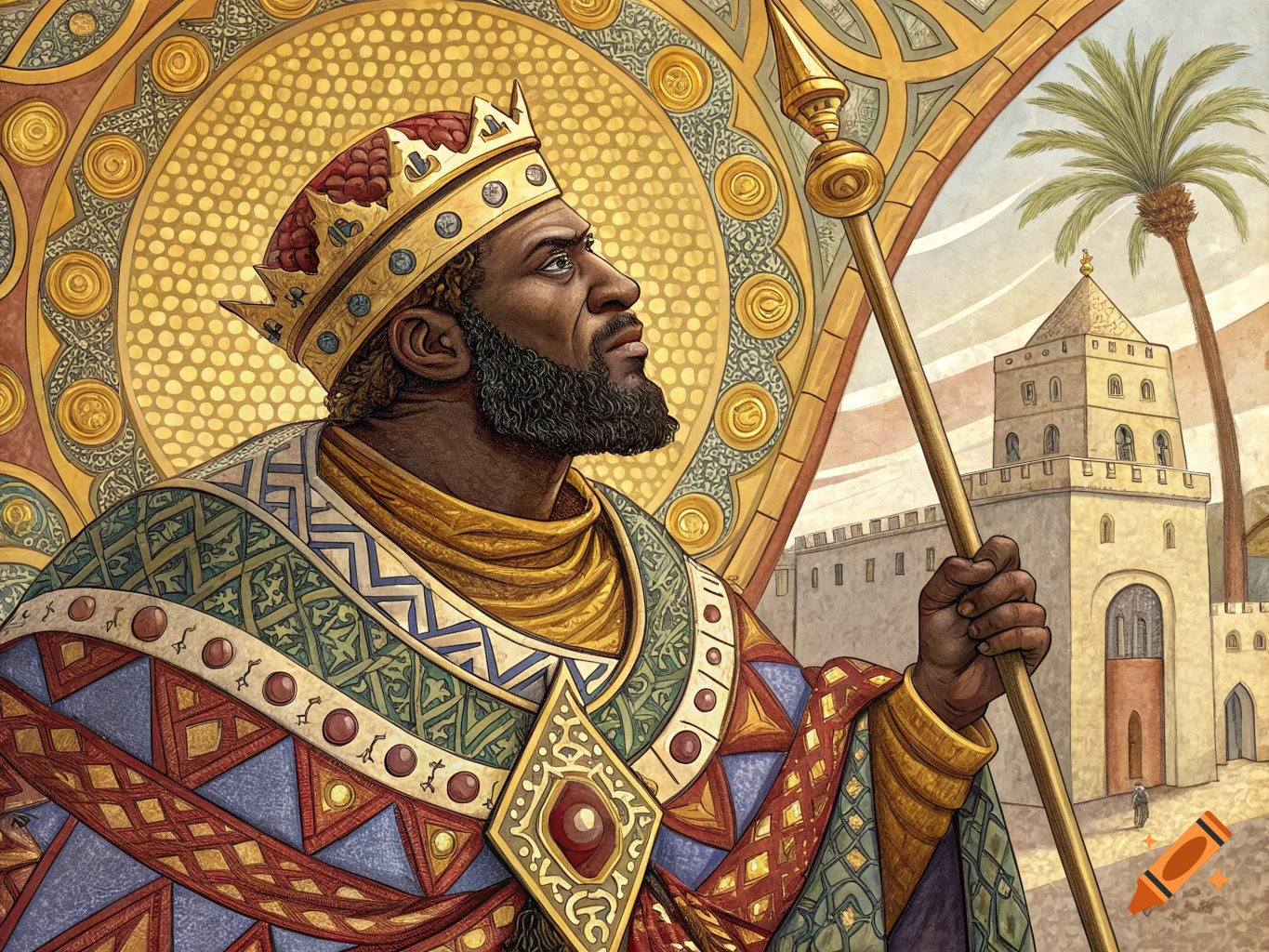 Portrait of a man in a crown and ornate robes holding a staff, in a mosaic style