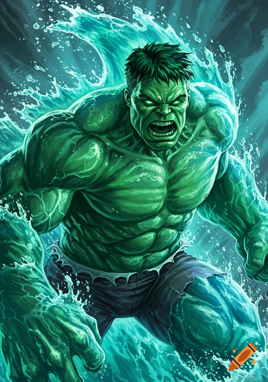 Illustration of the Marvel character Hulk, appearing to be made of water, bursting through waves.