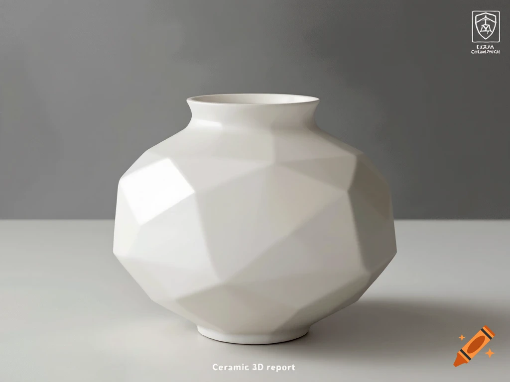 White geometric ceramic vase against a grey background.