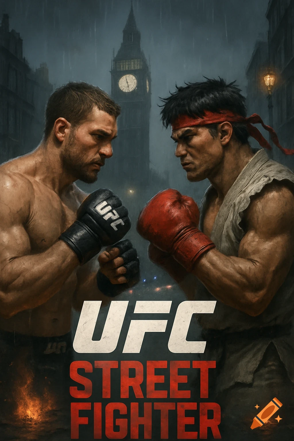 Two muscular fighters face off in rainy London with Big Ben in the background, text reads "UFC Street Fighter".