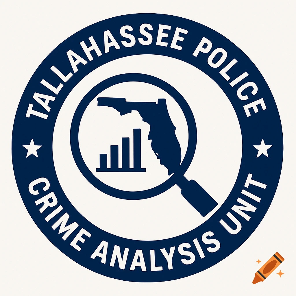 A logo for the Tallahassee Police Crime Analysis Unit with the state of Florida, a bar graph, and a magnifying glass.