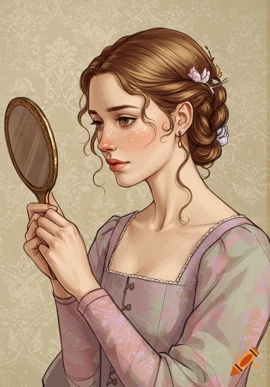 An illustration of a woman in historical clothing looking into a hand mirror.