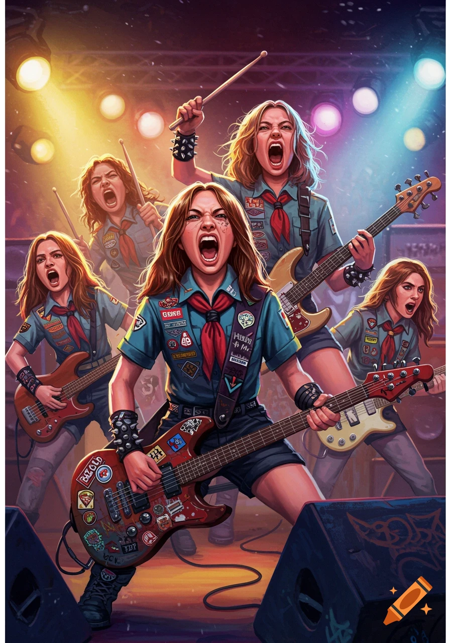 Young women in scout uniforms play heavy metal music on a stage.