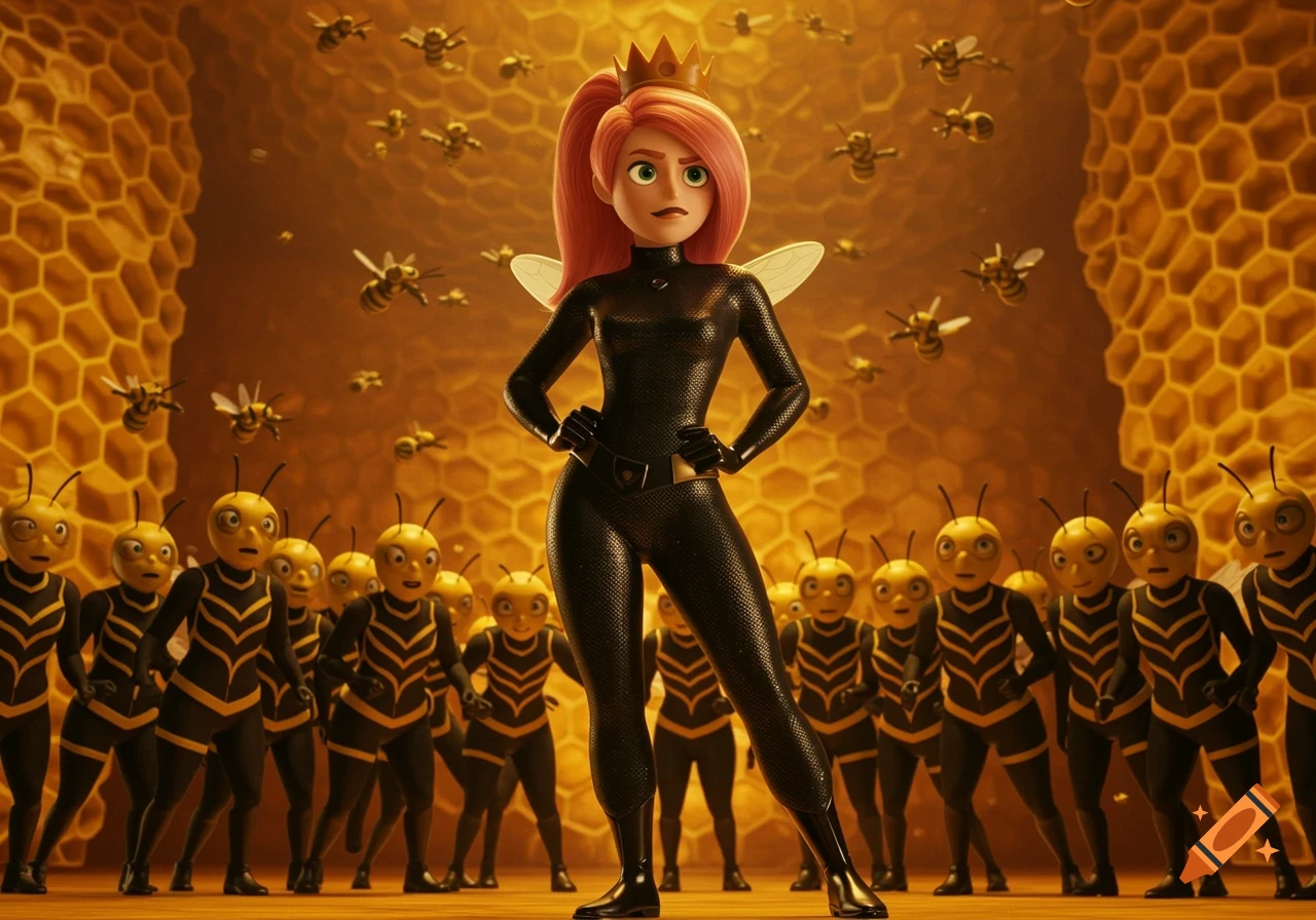 Cartoon queen bee character with pink hair and crown stands in front of an army of cartoon bees inside a hive.