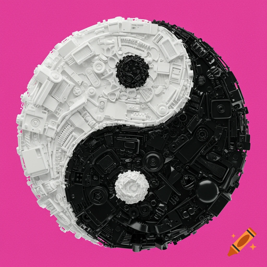Yin Yang symbol made of white and black mechanical parts on pink background.