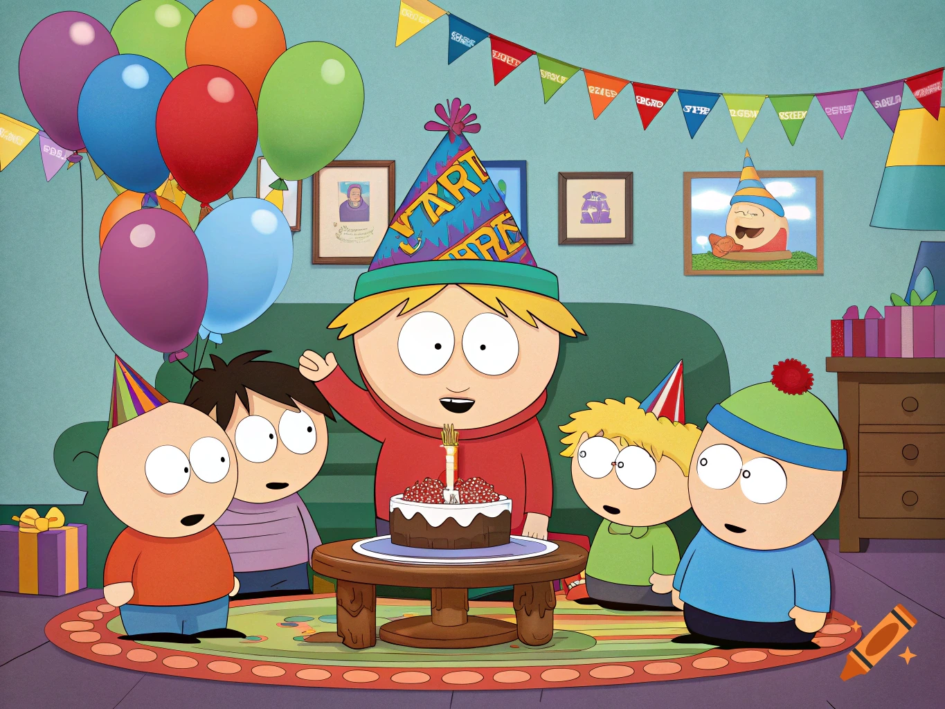 Cartoon characters in South Park style at a birthday party with cake and balloons.