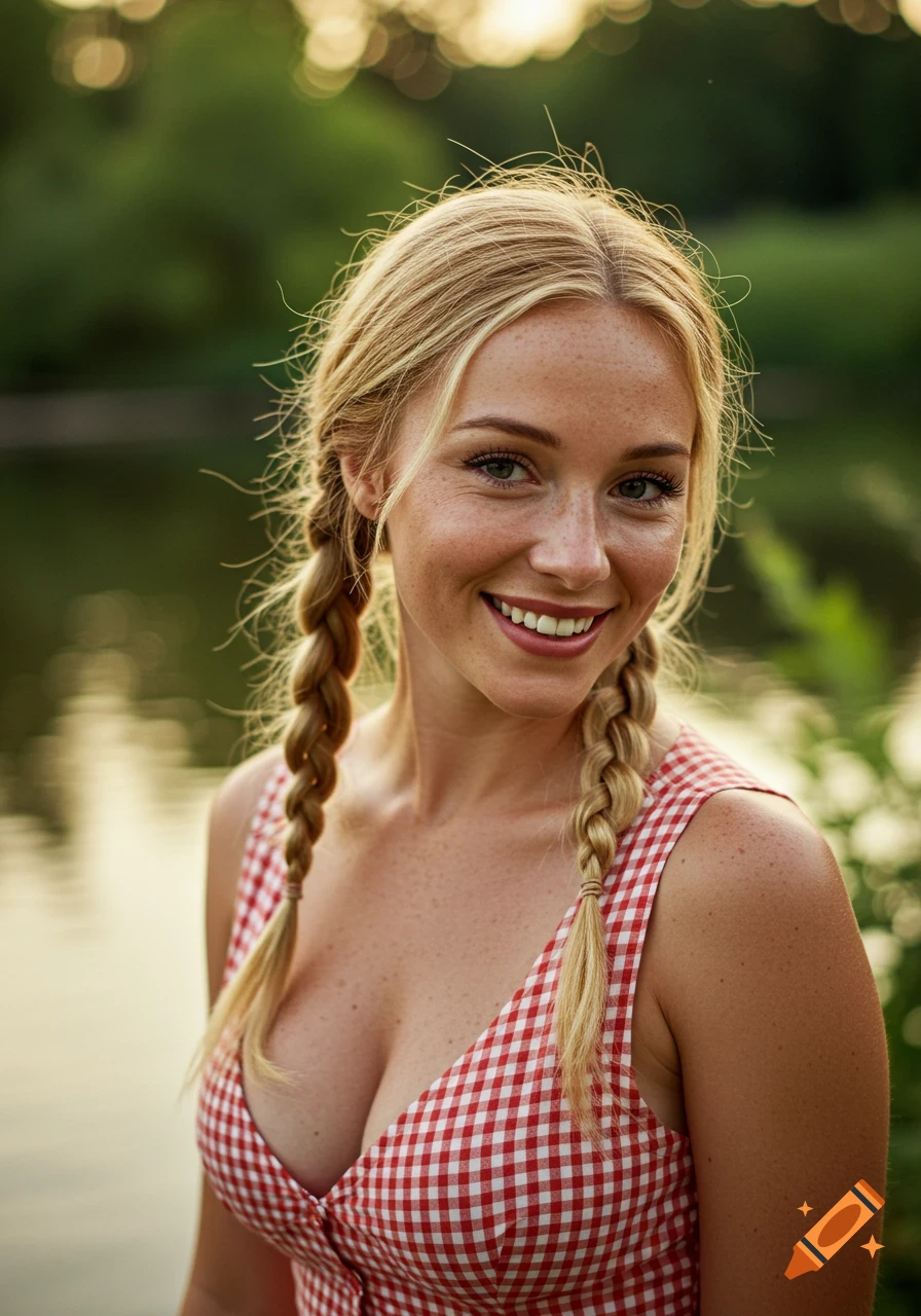 Close-up portrait of a young woman with blonde braids and freckles in a red gingham dress, outdoors in golden hour light by water.