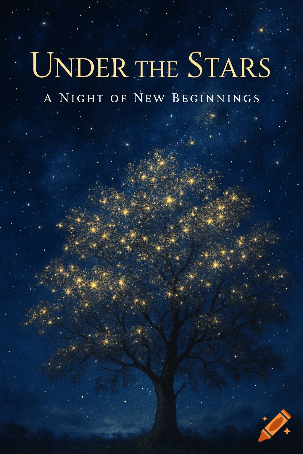A tree with branches made of stars under a starry night sky with text "Under the Stars: A Night of New Beginnings".