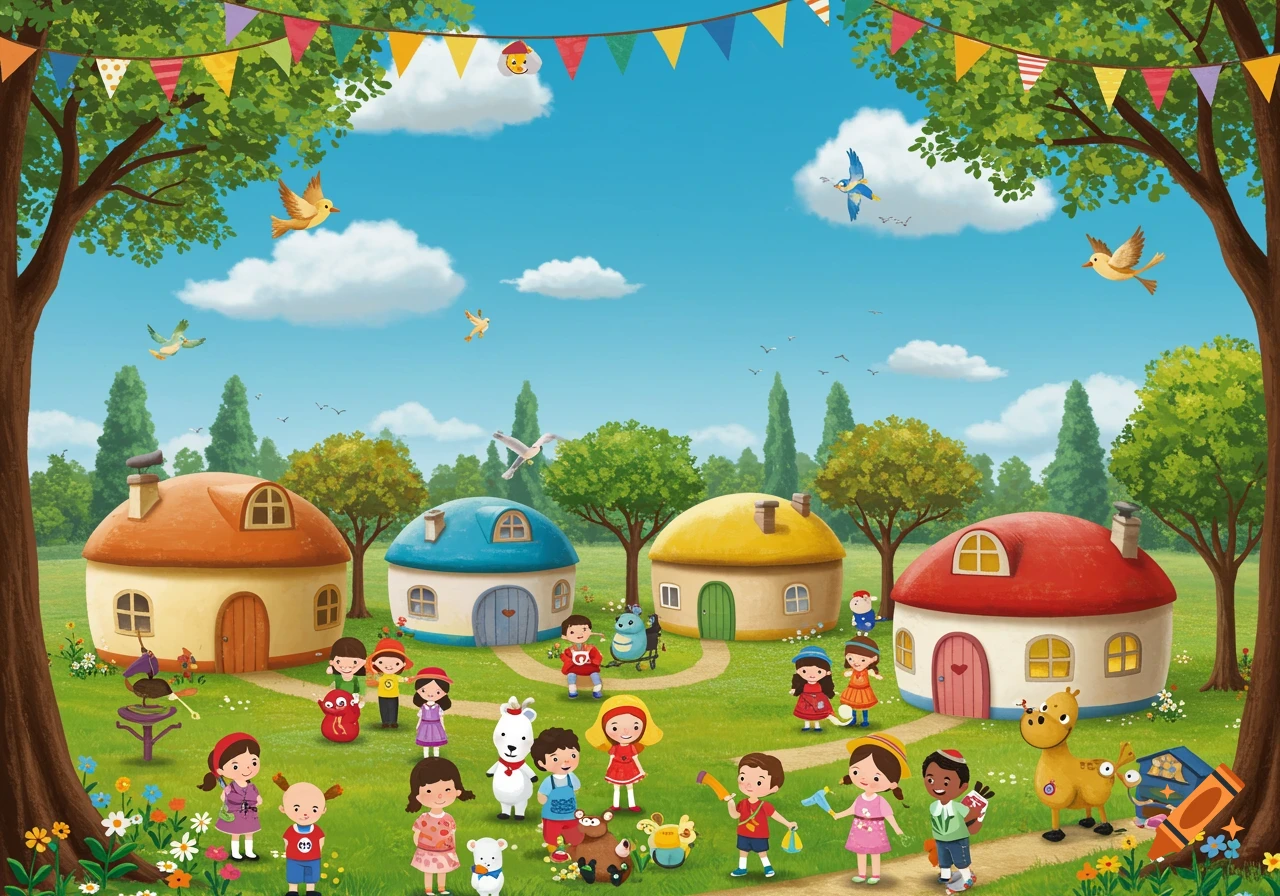 Colorful children's book illustration of a fantasy village with round houses, kids, and animals.