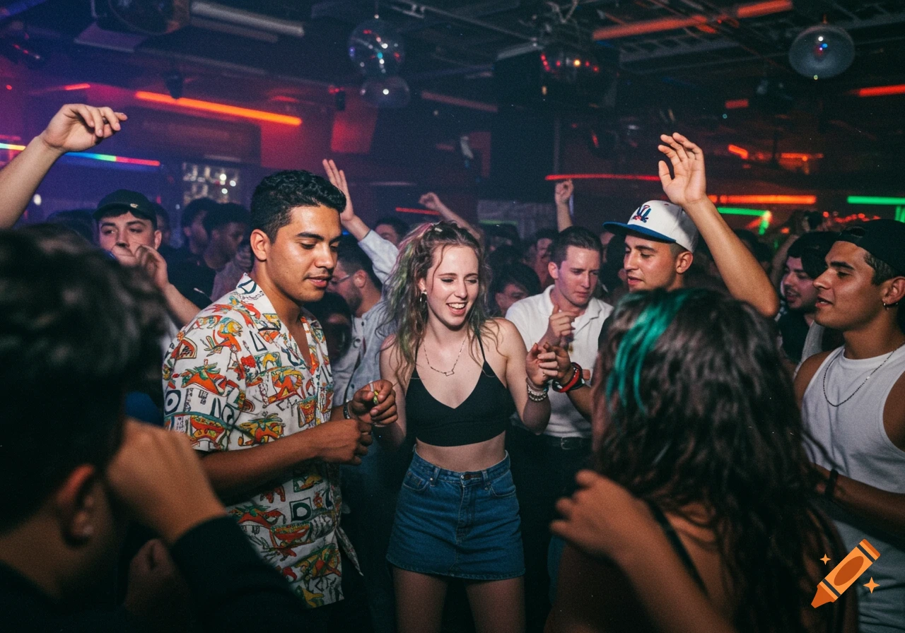 People dancing and holding hands in a crowded nightclub.