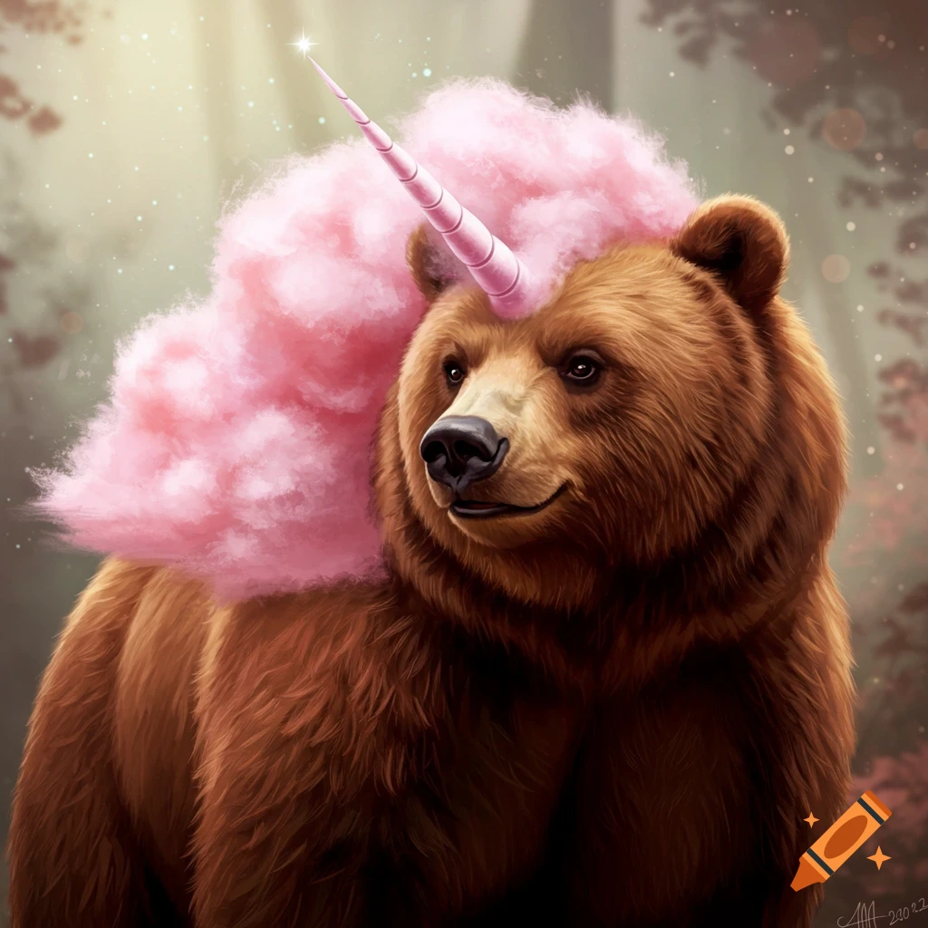 Brown bear with a pink unicorn horn and cotton candy mane in a forest setting.