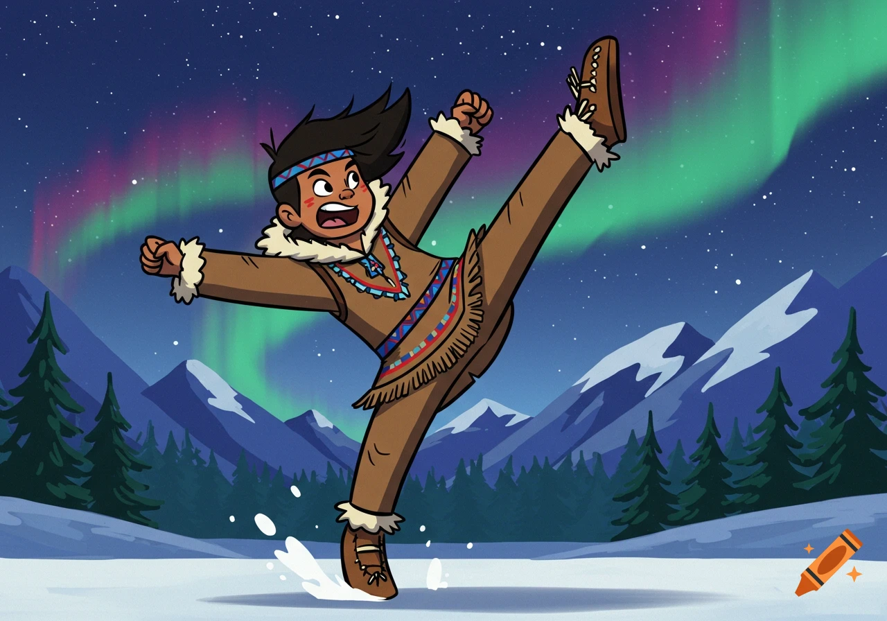 Cartoon of a youth in traditional clothing performing a high kick in a snowy landscape under the aurora borealis.