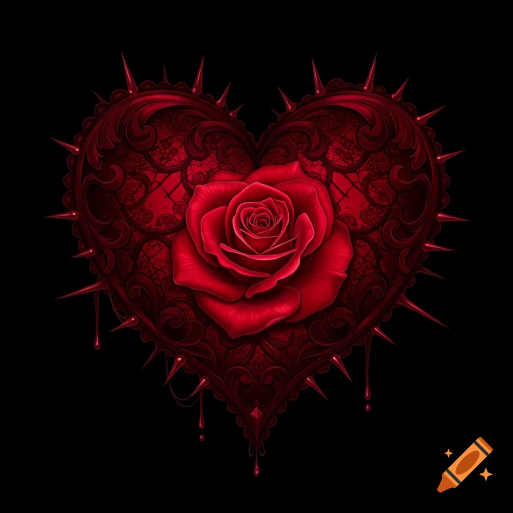 A gothic heart with spikes and red drips, centered by a vibrant red rose on a black background.