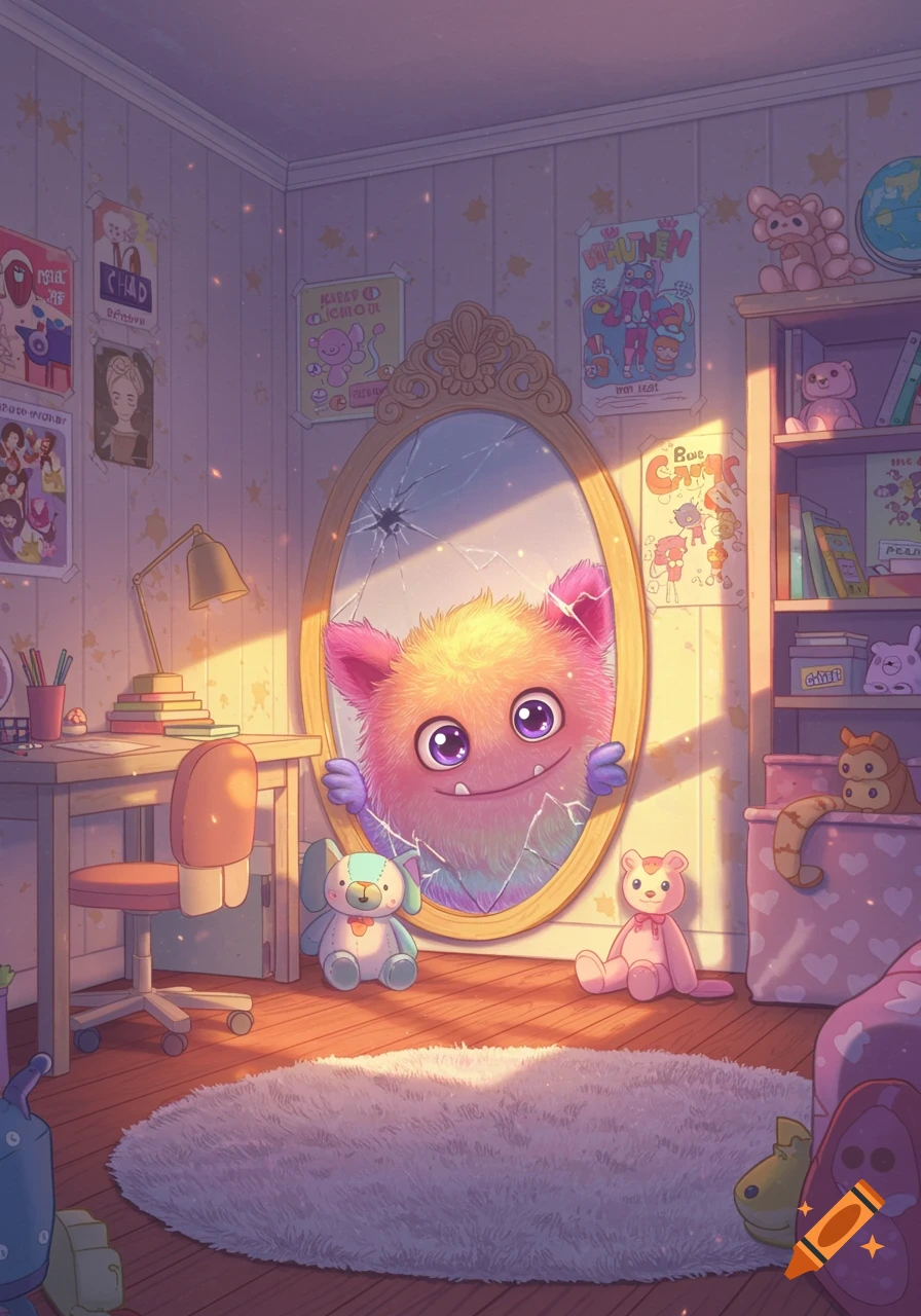 A fluffy, colorful monster peeks through a cracked mirror in a child's room with toys and posters. Digital illustration.