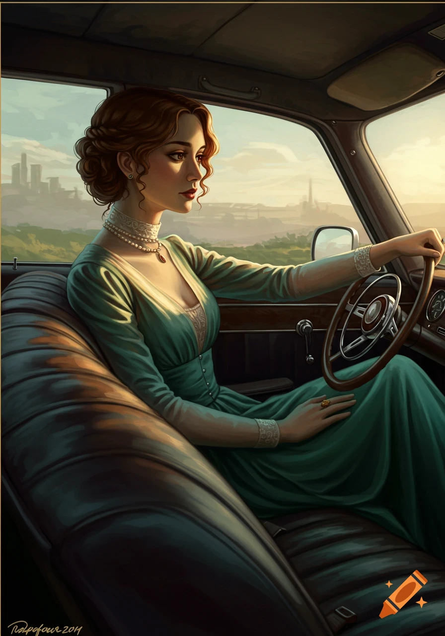 A woman in a green historical dress drives a car