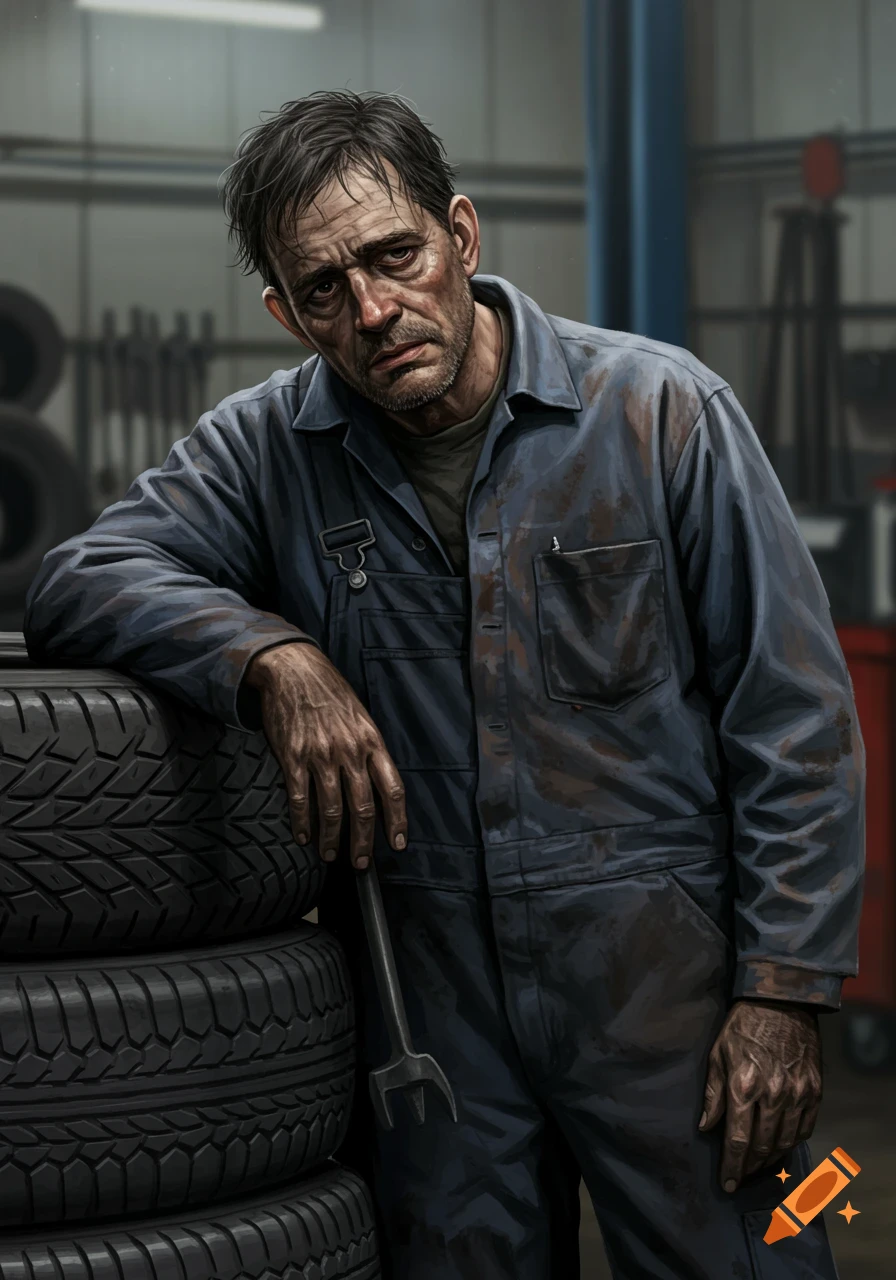 Digital painting of a tired mechanic in blue overalls leaning on a stack of tires in a garage.