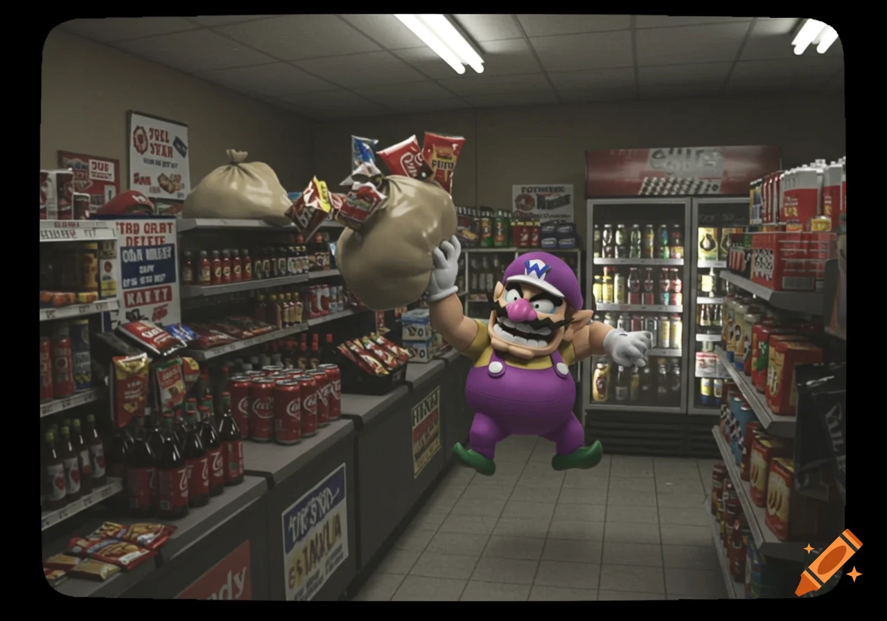 Wario holds up a sack of loot while robbing a convenience store.