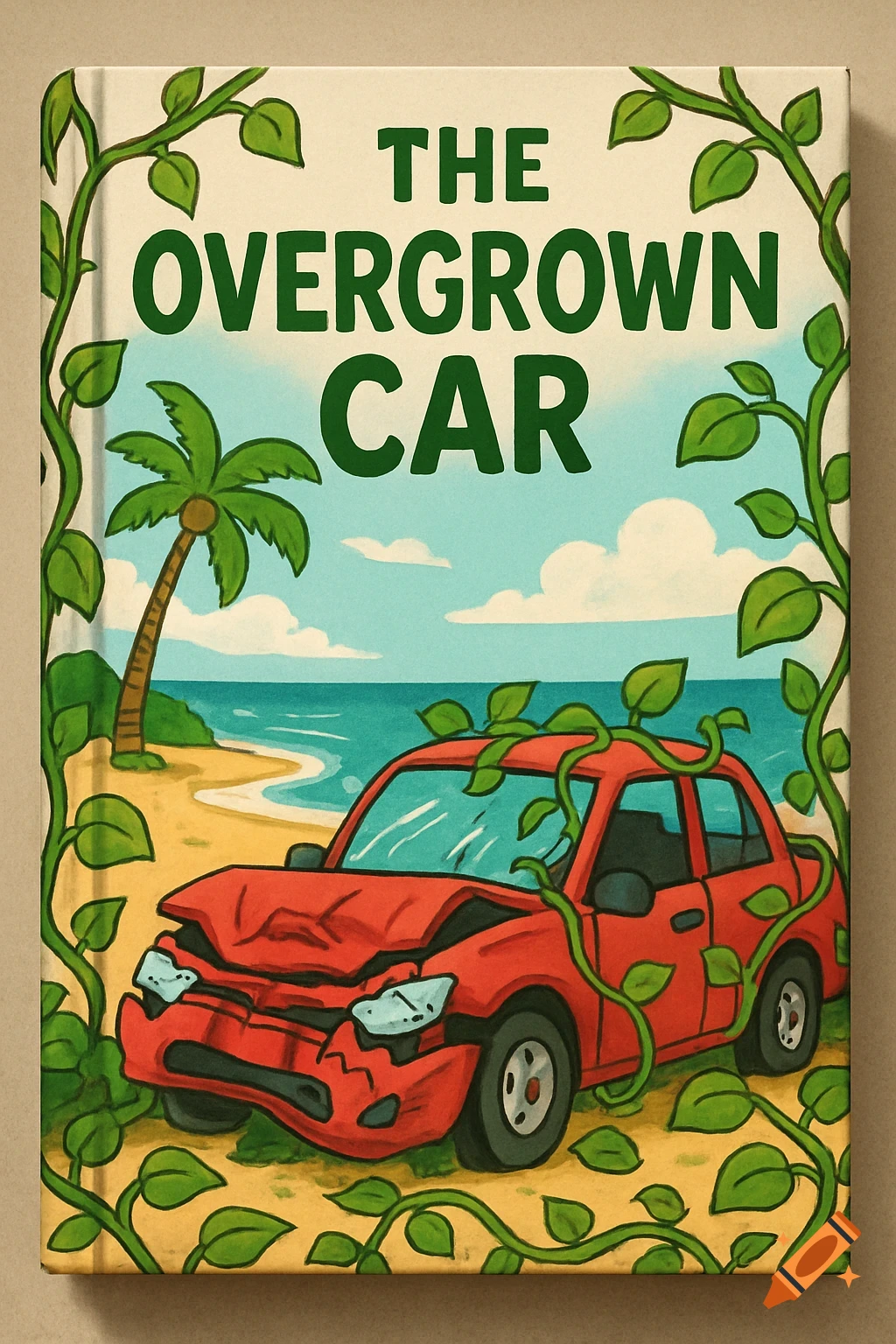 Cartoon book cover titled 'The Overgrown Car' with a red crashed car covered in vines on a beach