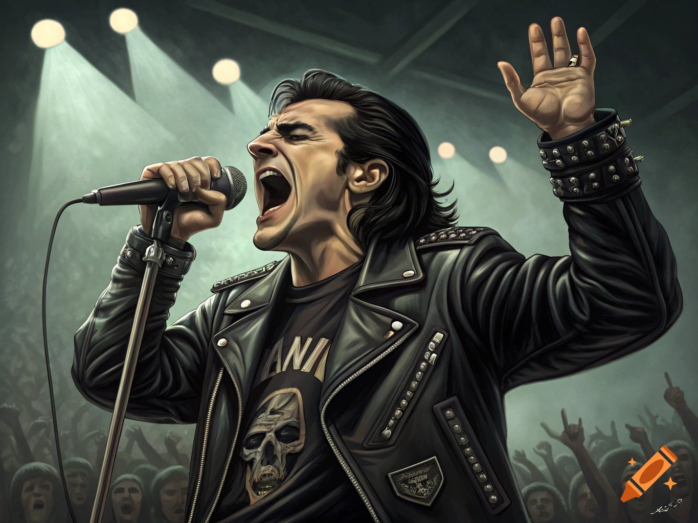 A stylized illustration of a singer in a leather jacket shouting into a microphone on stage before a crowd.