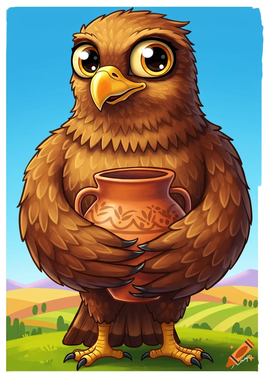 A cartoon eagle holds a terracotta pot in a grassy field.