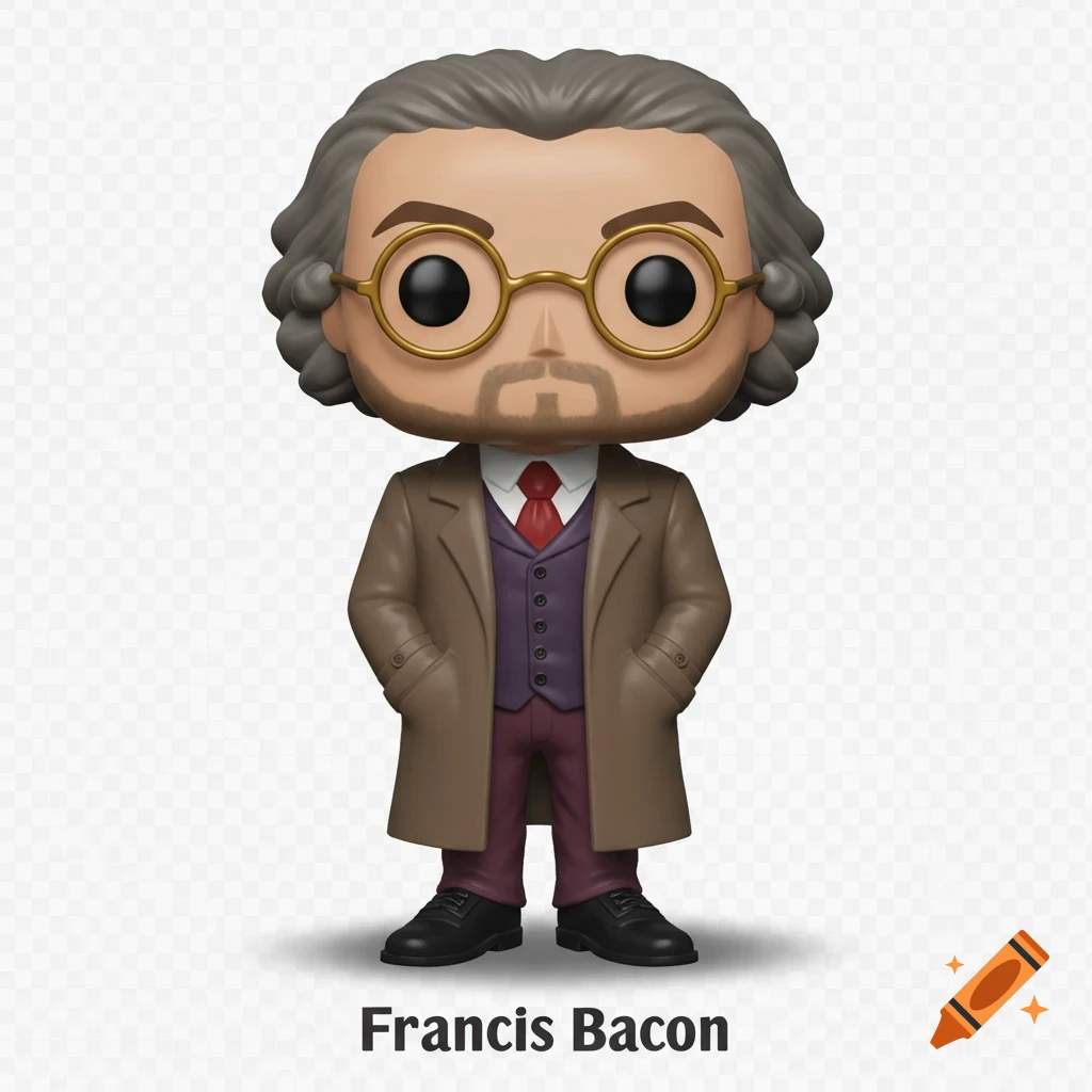 A Funko Pop figure of Francis Bacon, wearing a brown coat, purple vest, red tie, and gold glasses.