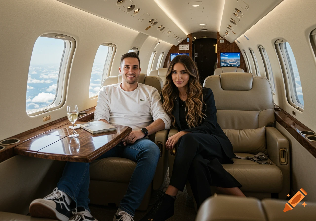 A man and woman sit in a private jet cabin.
