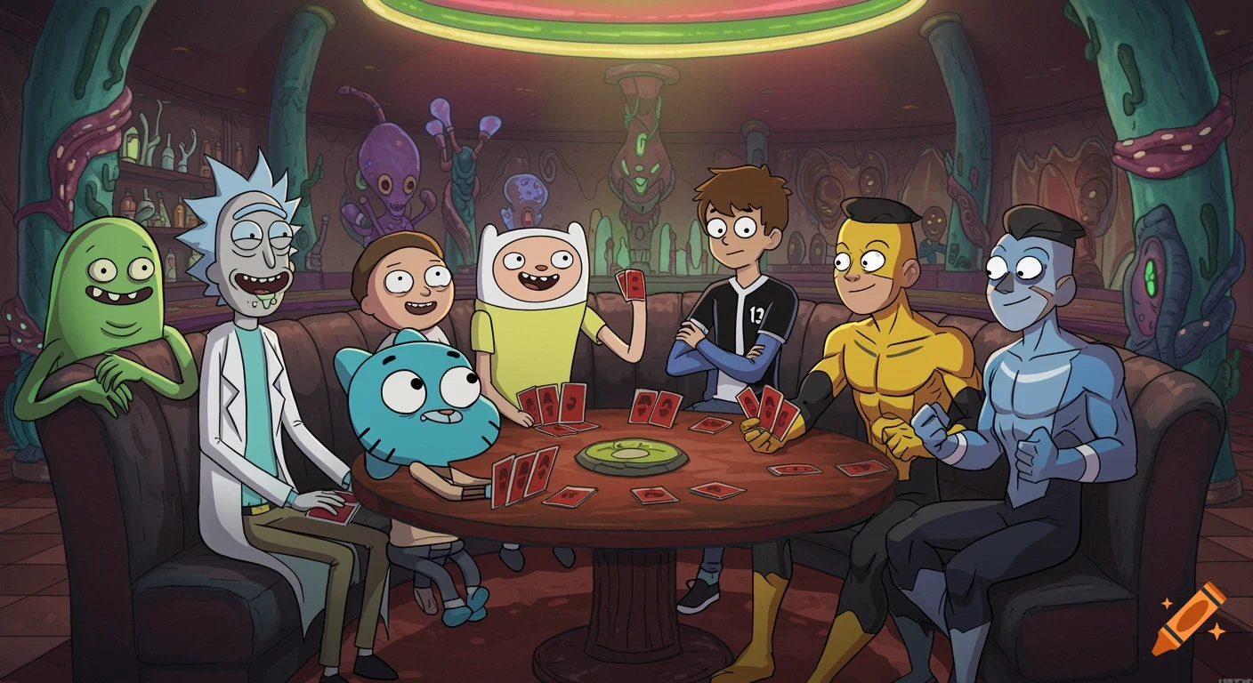 Cartoon characters Rick, Morty, Finn, Gumball, Ben Tennyson, and Invincible play cards in a colorful alien bar.