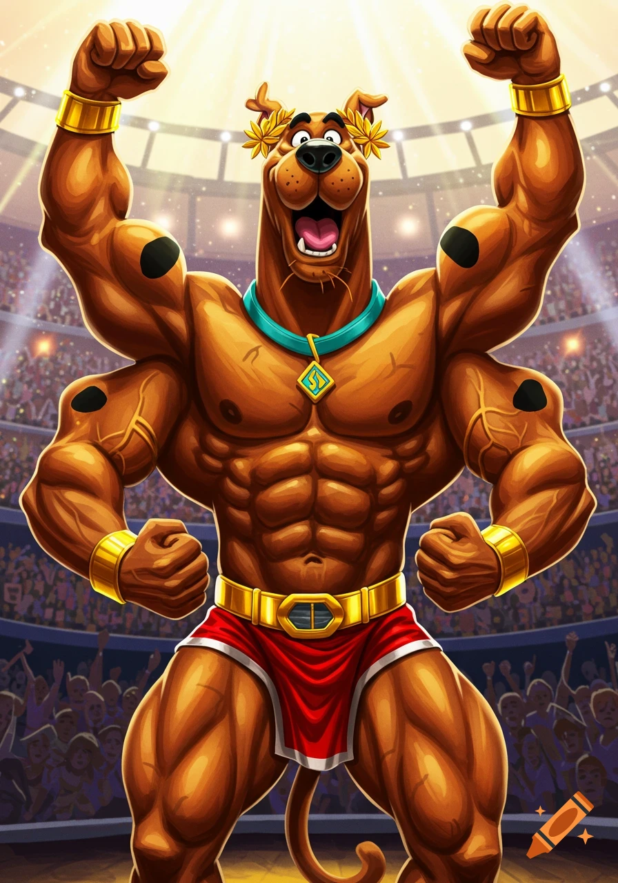 Extremely muscular Scooby-Doo wearing a wreath and belt, flexing in a stadium.