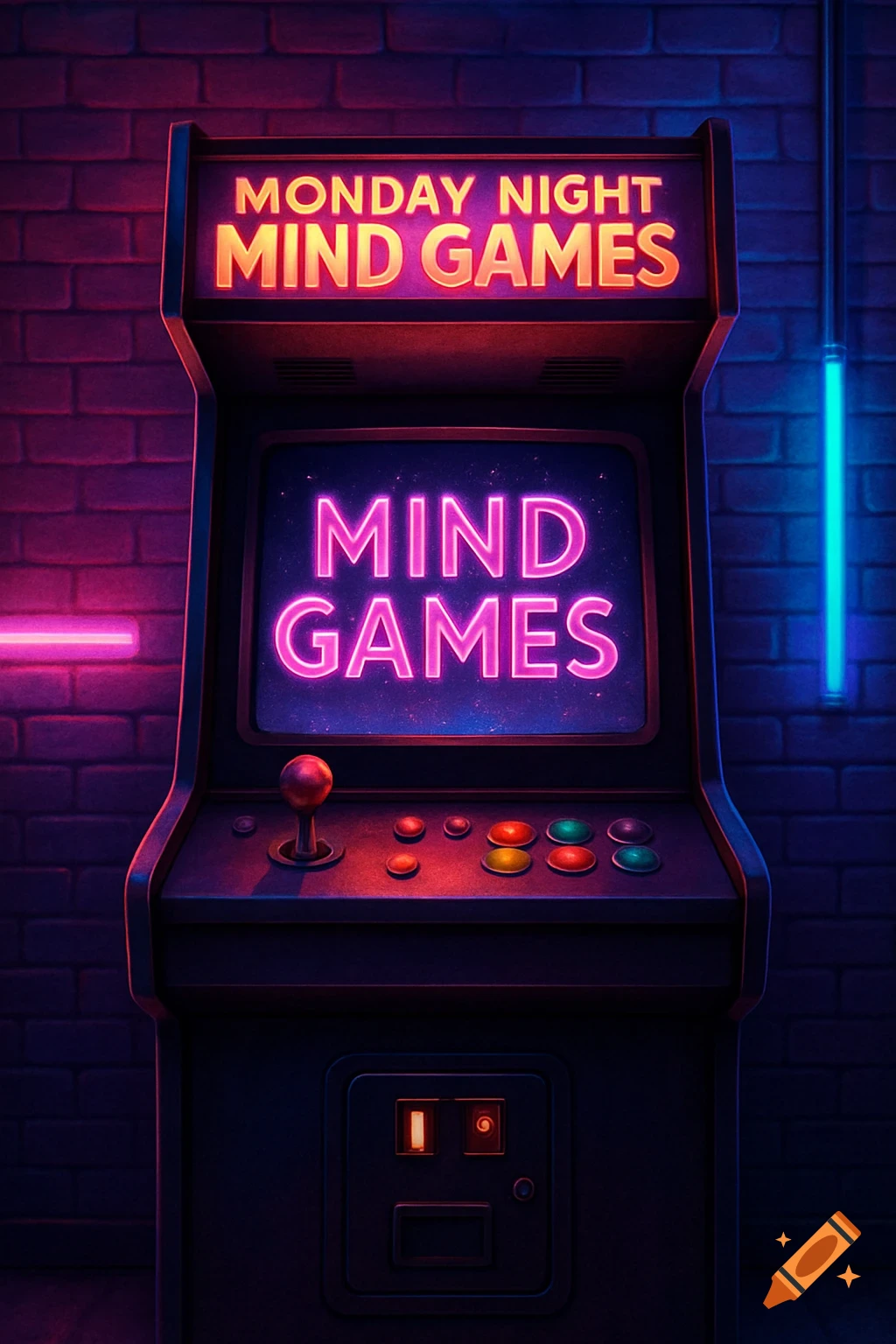 An 80s-style arcade cabinet with neon text and lighting in a dimly lit room with a brick wall.