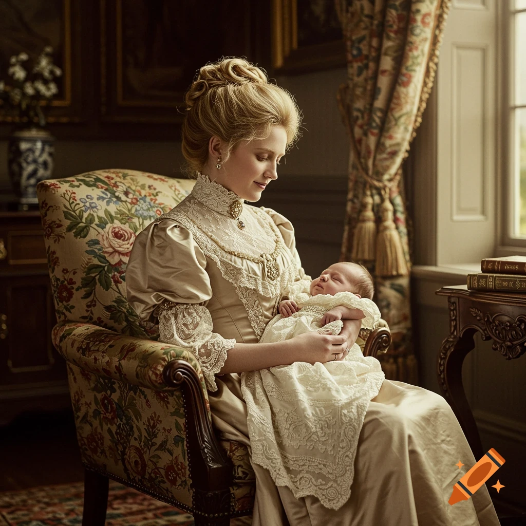 Woman in Victorian dress holding a baby in a floral armchair, vintage style.