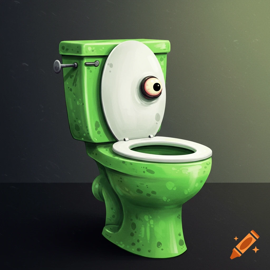 A green cartoon toilet with a large eyeball on the seat lid.