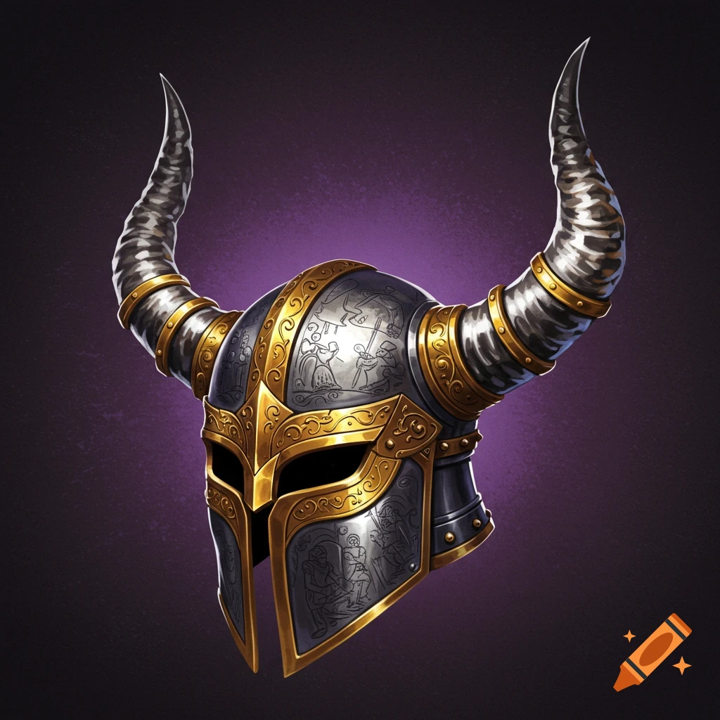 Detailed fantasy horned helmet with gold trim and intricate silver engravings.