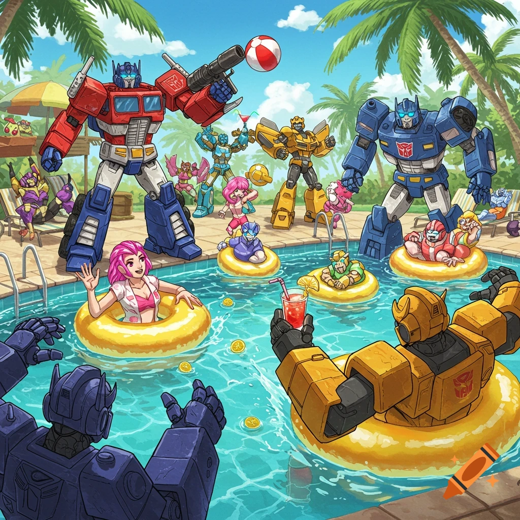 Cartoon illustration of Transformers characters and humans having a pool party