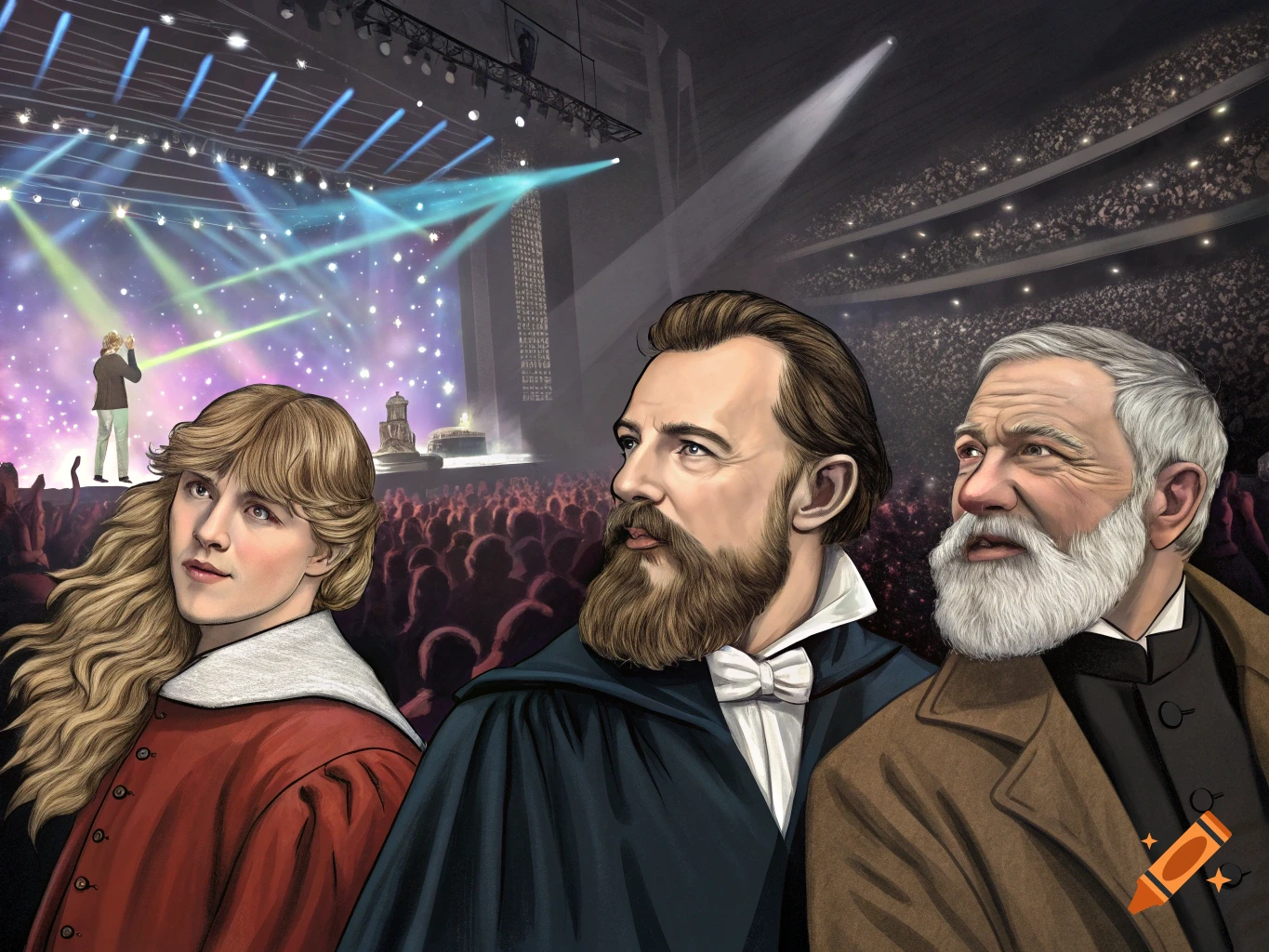 Illustration of three historical figures watching a concert on a brightly lit stage.