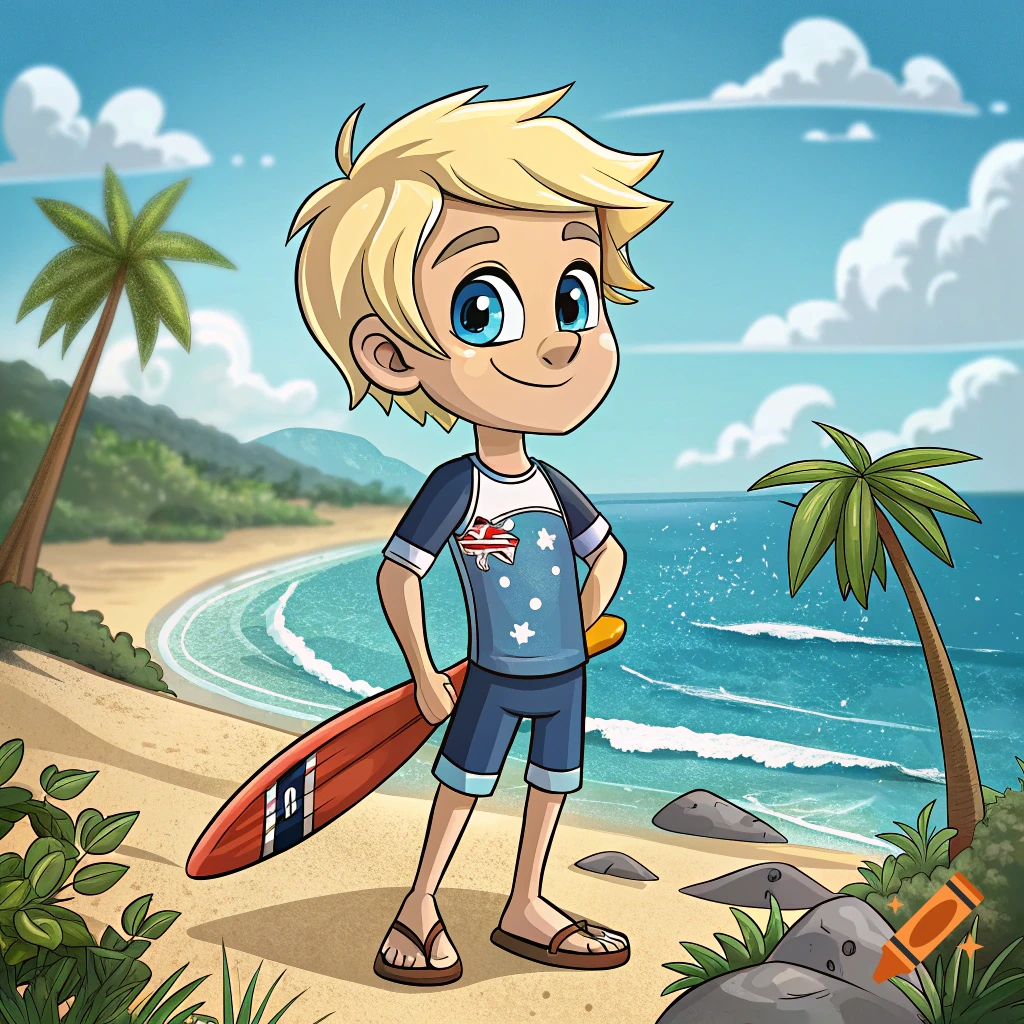 Cartoon boy with blonde hair stands on a sunny beach holding a surfboard.
