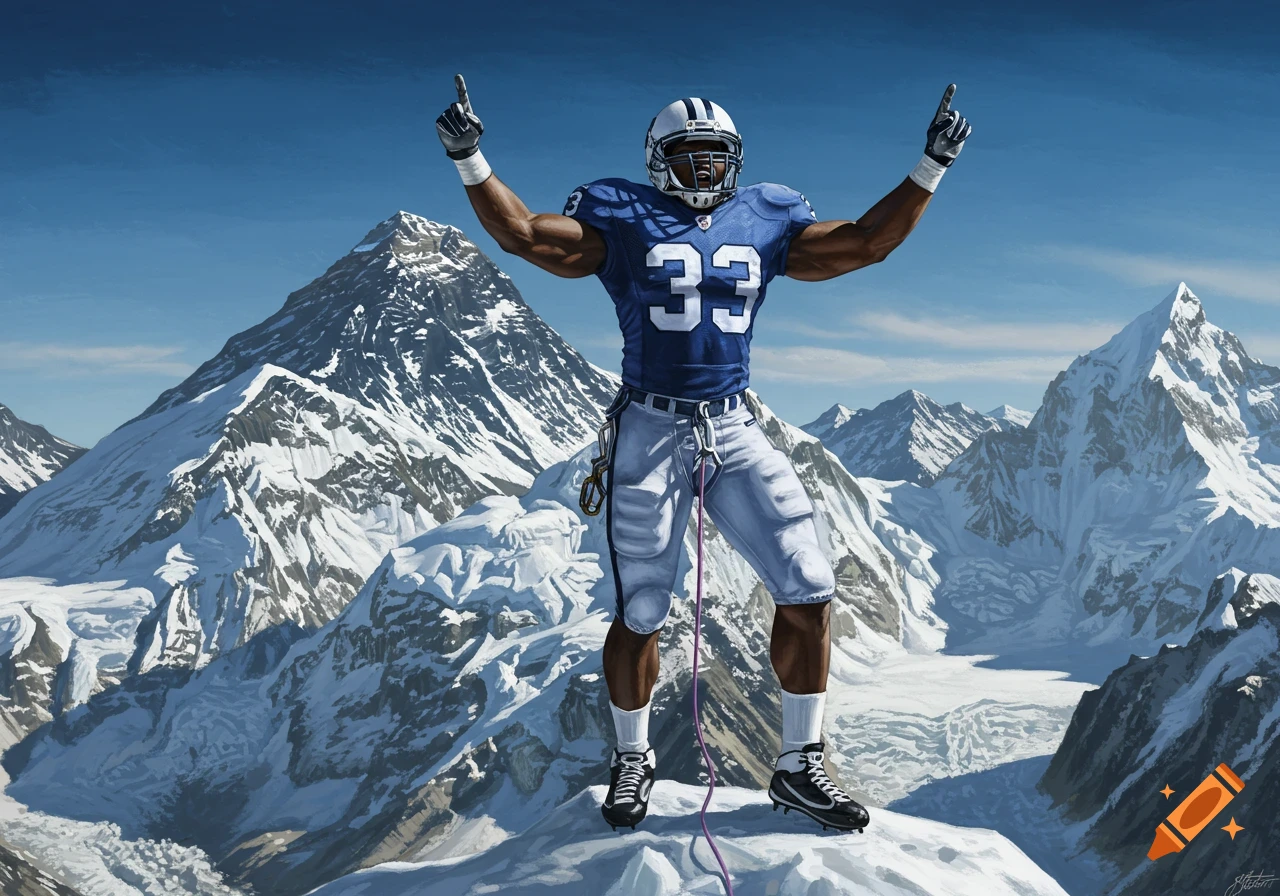 A football player in uniform celebrates on top of a snowy mountain peak.