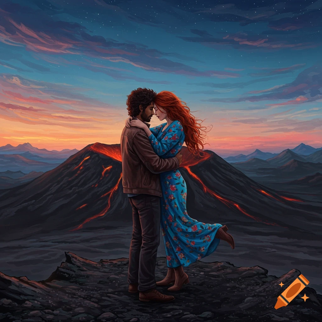 A couple embraces on a rocky hill overlooking an erupting volcano and mountain landscape at sunset.
