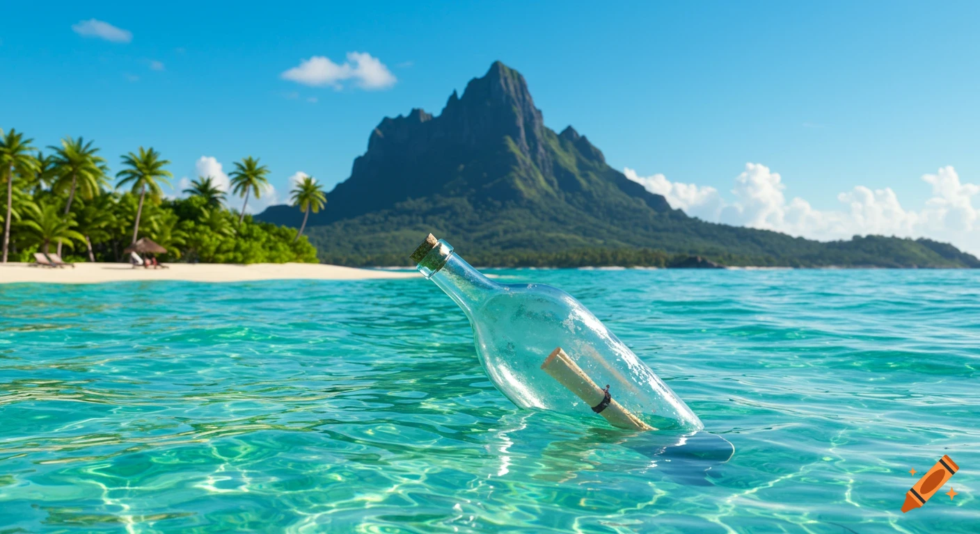 Message in a bottle floating in tropical water near an island beach with a mountain.